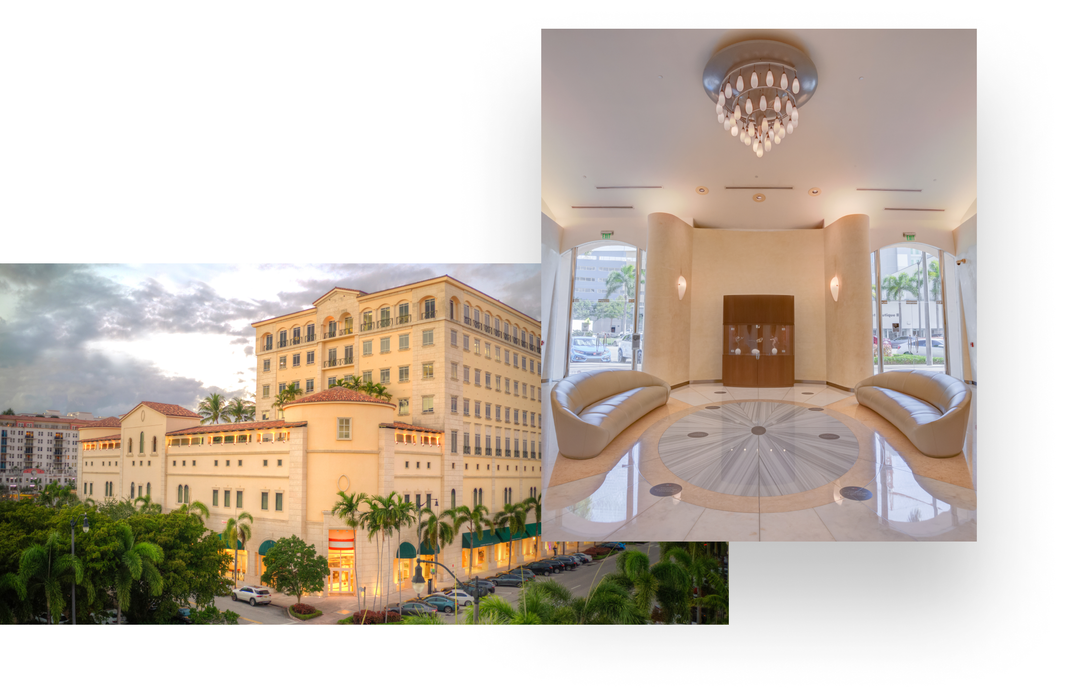 Image collage of 4000 Ponce exterior Spanish Mediterranean architecture and the interior office lobby couches.