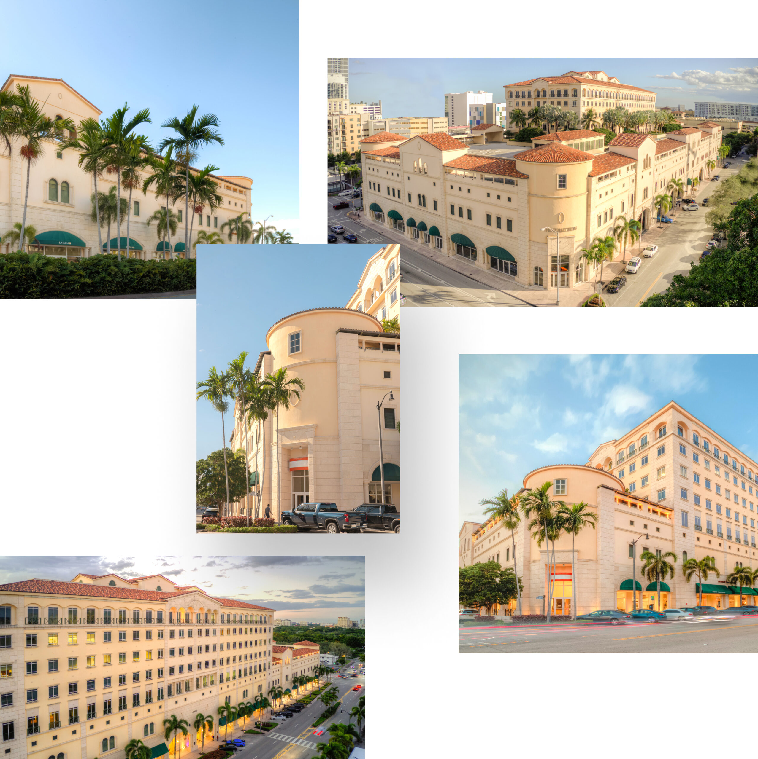 Image collage of 4000 Ponce exterior Spanish Mediterranean architecture from different angles.