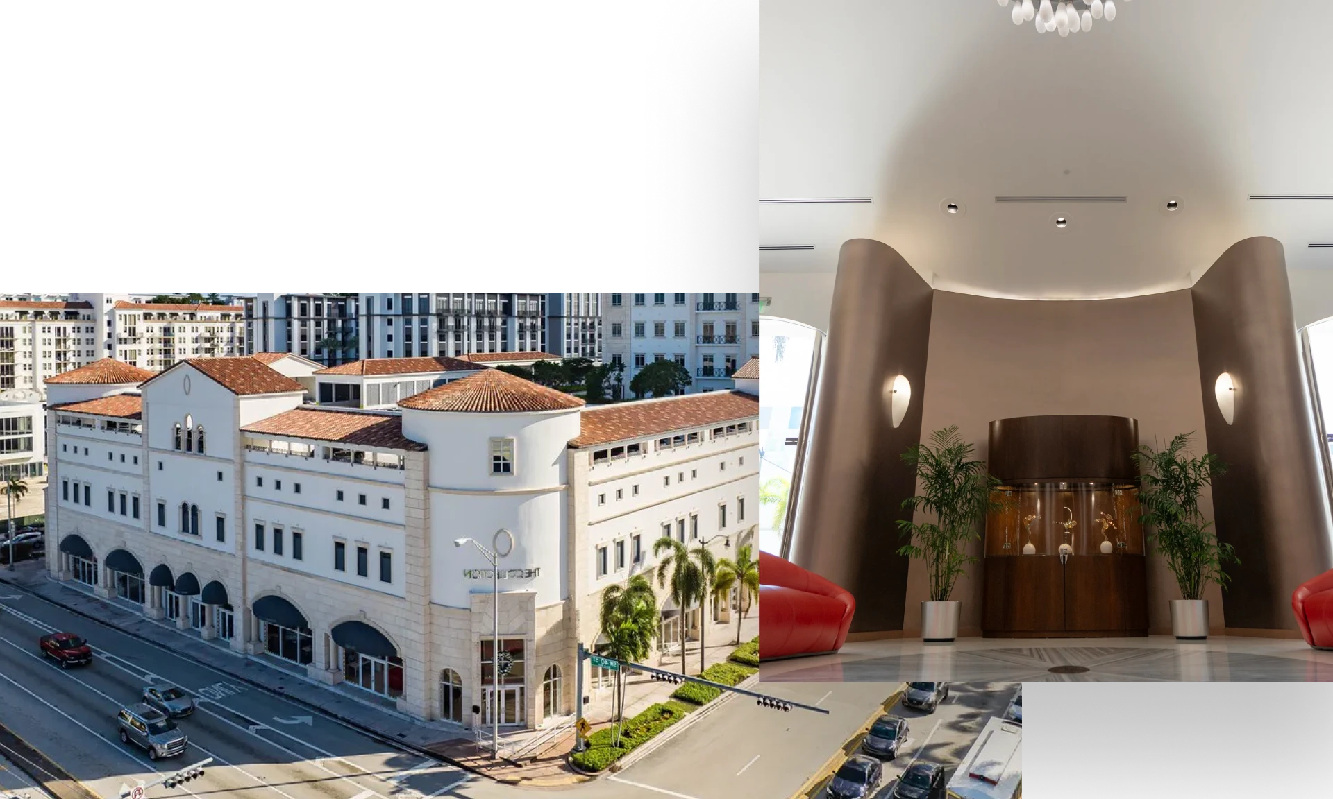 Image collage of 4000 Ponce exterior Spanish Mediterranean architecture and the interior office lobby couches.